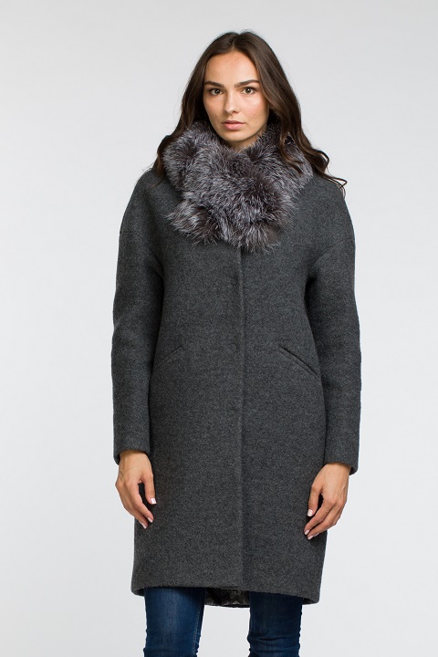 Женское зимнее пальто с меховым воротником О-830 - средней длины, цвет серый